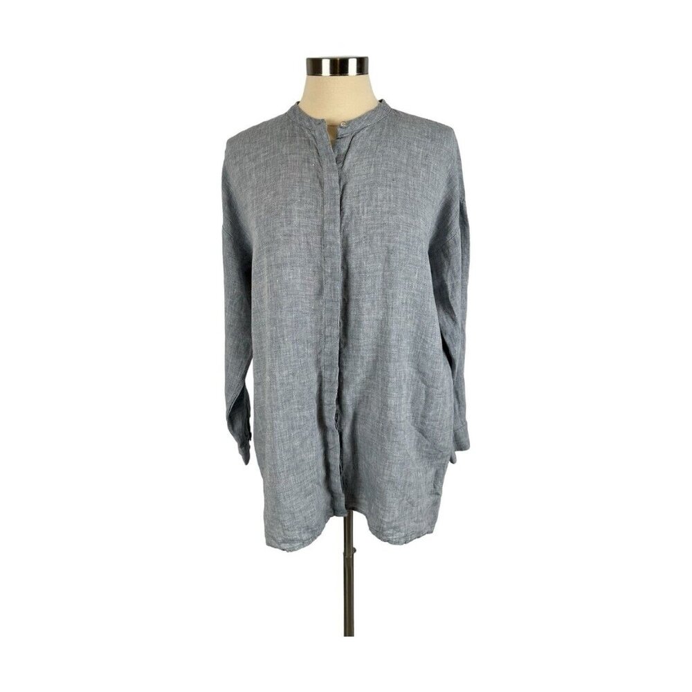 EILEEN FISHER Womens Size M Organic LINEN Button up Tunic Denim Chambray Blue